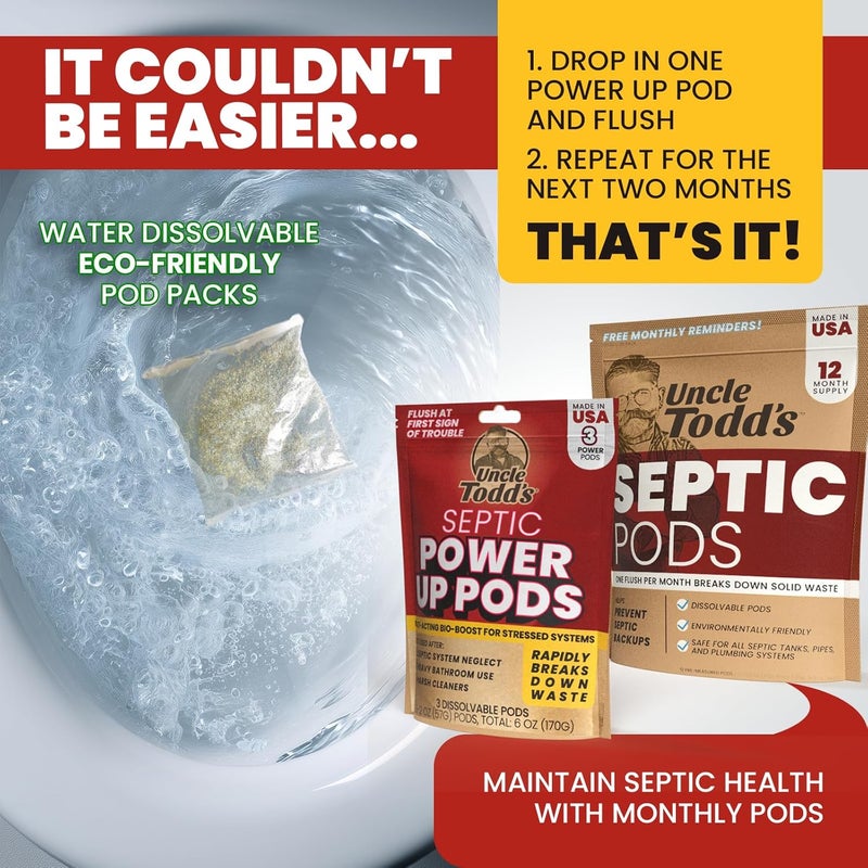 Uncle Todd's Septic Tank Treatment Pods - 2oz Power Up Pods with 200x Enzymes - Monthly Booster for Septic Systems - 3-Monthly Supply - Image 4